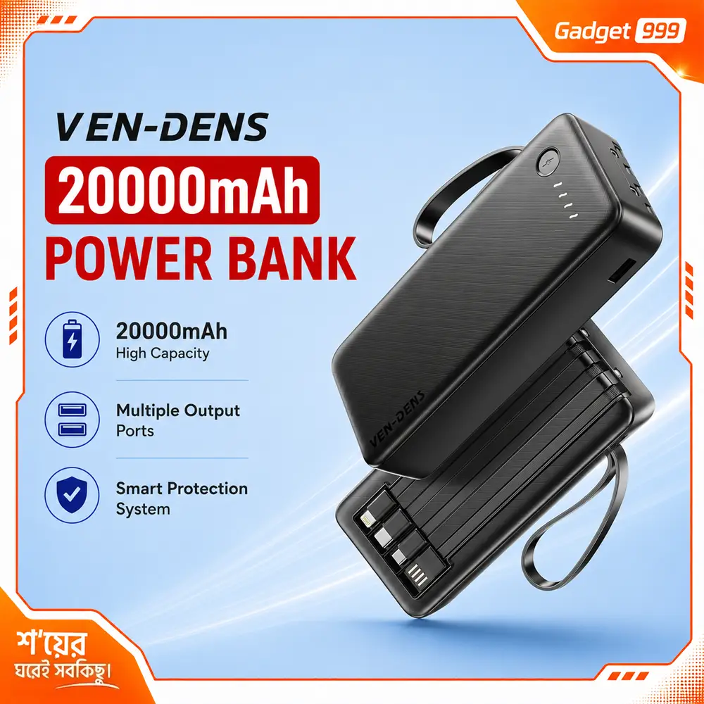 VEN-DENS VD-PB059 4-in-1 20000mAh Power Bank with Built-in Cables